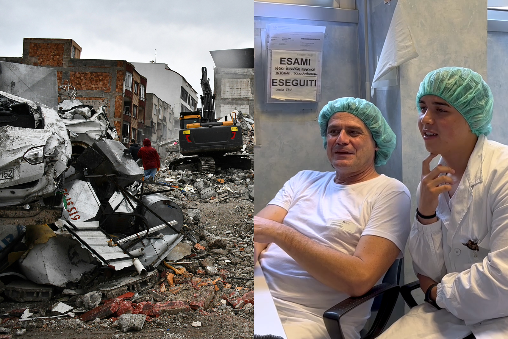 Split image left side has wreckage and rubble from an earthquake in Turkey. Right side has researches looking at data.