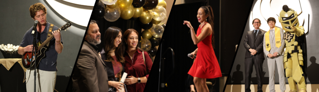 Scenes from a celebration: a guitarist performing on stage, guests mingling under gold and black balloon decorations, a person in a red dress speaking or performing, and a mascot standing beside two individuals in formal attire.