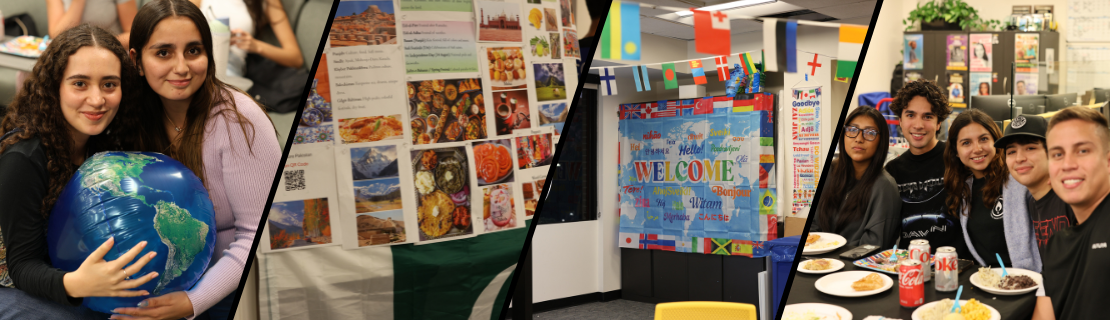 Celebration of global cultures with colorful displays: two people holding a globe, a poster showcasing various traditional dishes and landscapes, and a “Welcome” banner surrounded by international flags. A group enjoys food and drinks at a table.