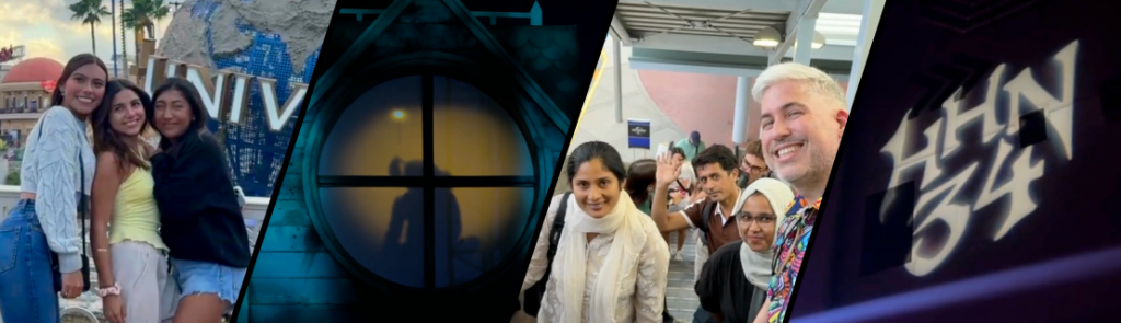 A collage of scenes from an outing: people posing in front of the Universal Studios globe, a spooky window with a silhouette inside, a group waiting in line at an attraction, and a projection reading “HHN 34” on a dark wall.