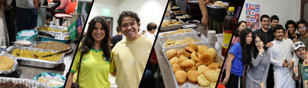 A variety of dishes arranged in aluminum trays on tables, including rice, bread, and pastries. People stand together in casual attire, and a group poses for a photo near a table filled with food items and beverages.