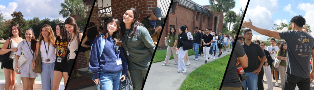 Outdoor scenes of students walking and chatting on campus pathways. Groups are seen near brick buildings and palm trees, with one person leading a line of students during what appears to be an orientation or campus tour.